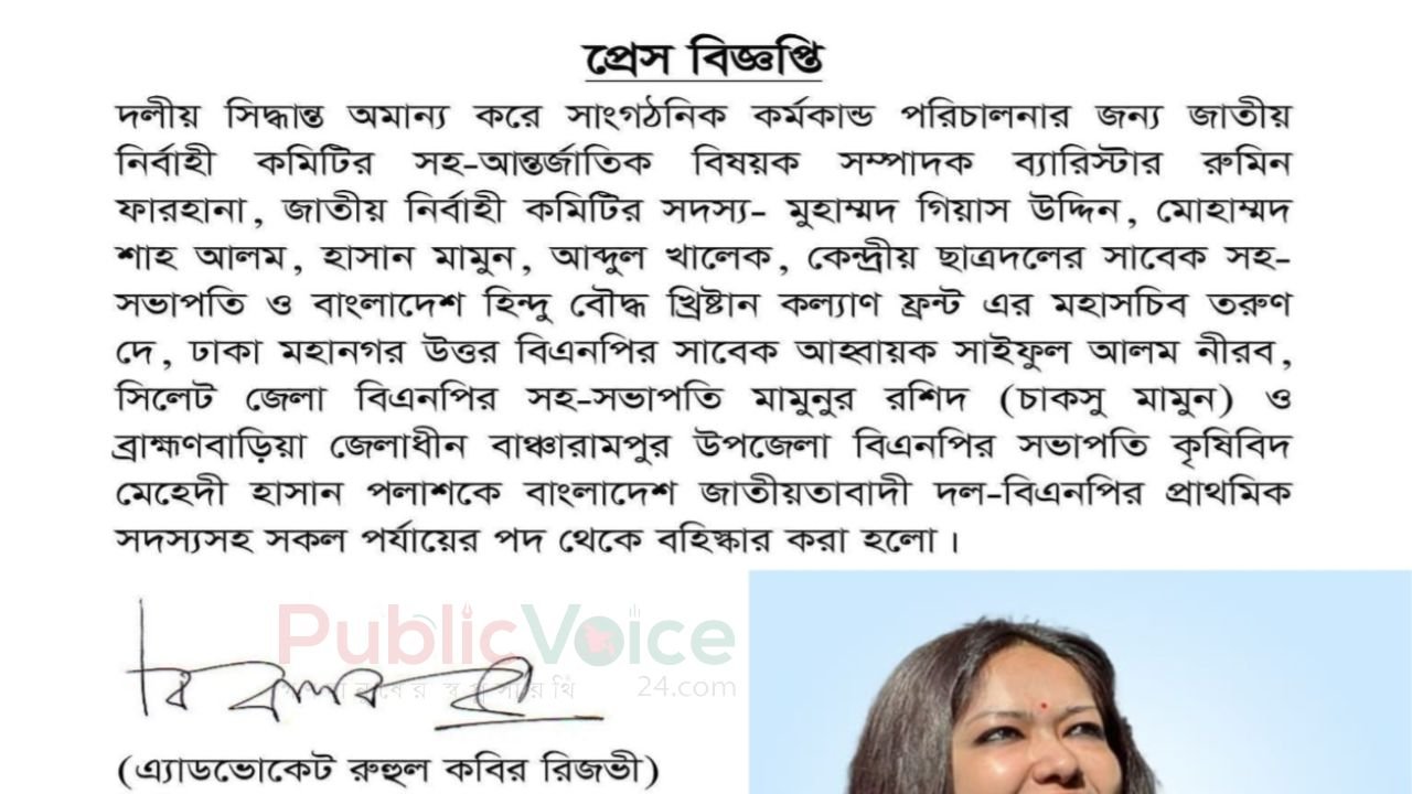 ব্রাহ্মণবাড়িয়ার শীর্ষ দুই নেতাসহ বিএনপির ৯ নেতা বহিষ্কার