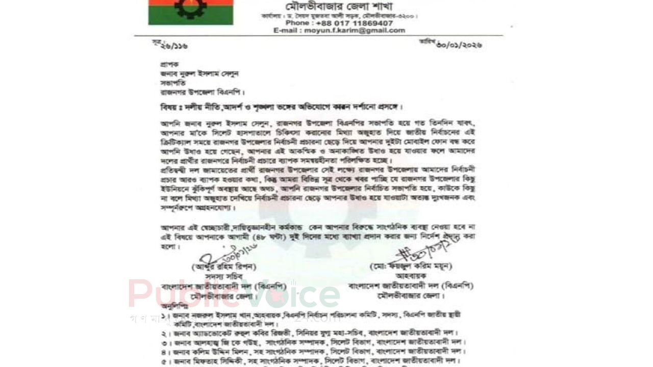 রাজনগর বিএনপি সভাপতিকে শোকজ নেতৃবৃন্দের অসন্তোষ 
