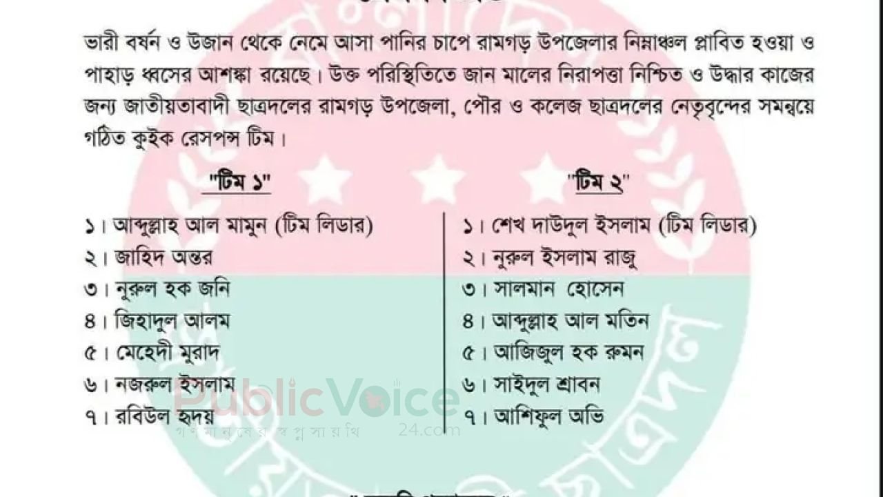 খাগড়াছড়িতে পাহাড়ি ঢল-বন্যা মোকাবেলায় রামগড় উপজেলা বিএনপির বিশেষ টিম, দায়িত্বে ছাত্রদল  