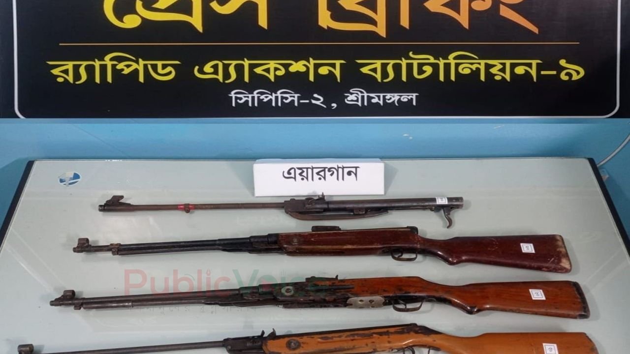 সিলেট ও মৌলভীবাজারে র‍্যাব-৯ এর অভিযানে ৯টি এয়ারগান উদ্ধার