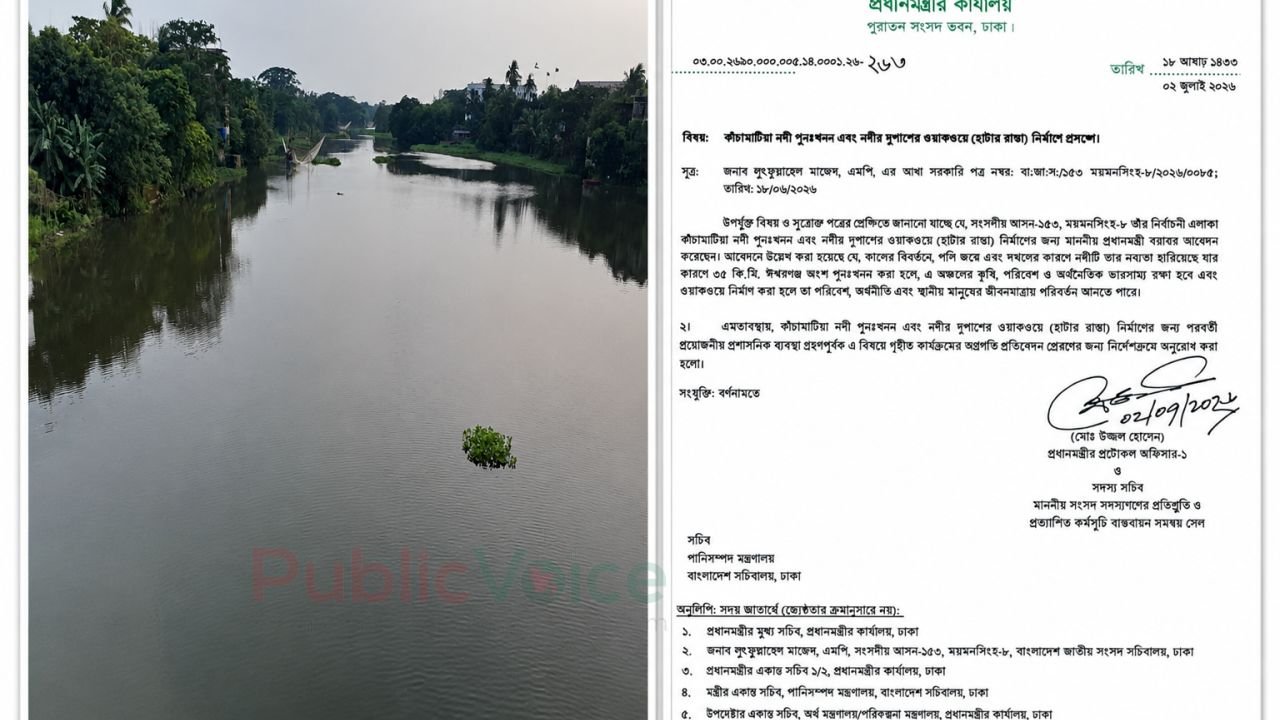 ঈশ্বরগঞ্জে কাঁচামাটিয়া নদী দখলমুক্ত ও পুনঃখননে প্রধানমন্ত্রীর কার্যালয়ের উদ্যোগ